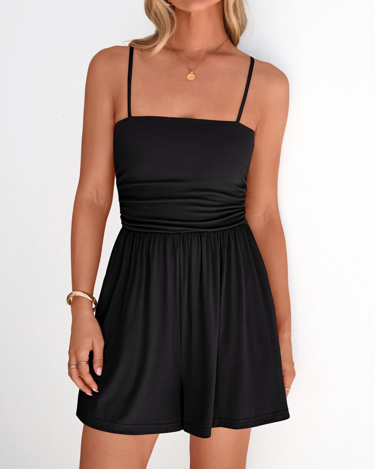 imageBTFBM Summer Rompers For Women 2026 Casual One Piece Spaghetti Strap Sleeveless Shorts Jumpsuit Beach Vacation OutfitsBlack
