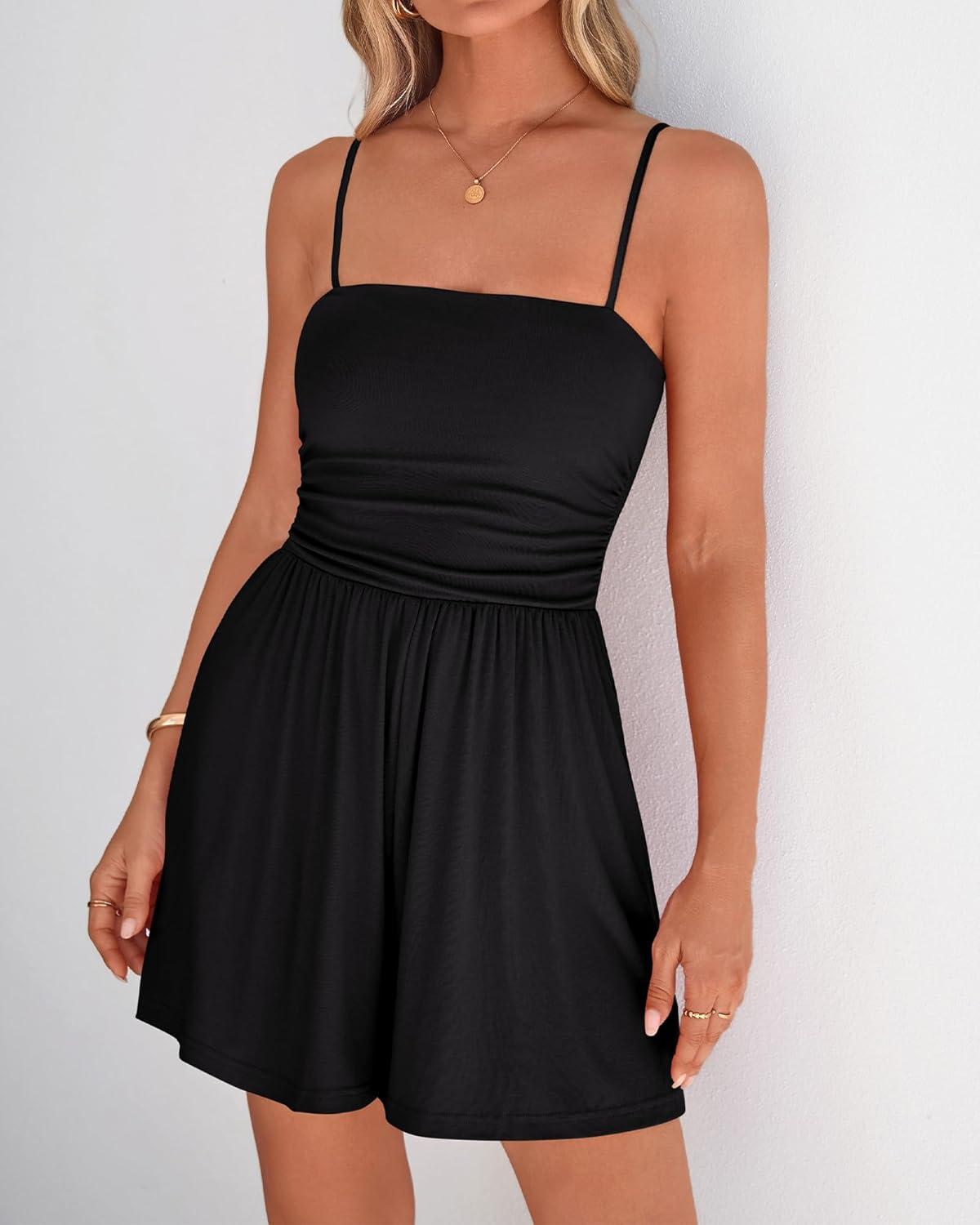 imageBTFBM Summer Rompers For Women 2026 Casual One Piece Spaghetti Strap Sleeveless Shorts Jumpsuit Beach Vacation OutfitsBlack