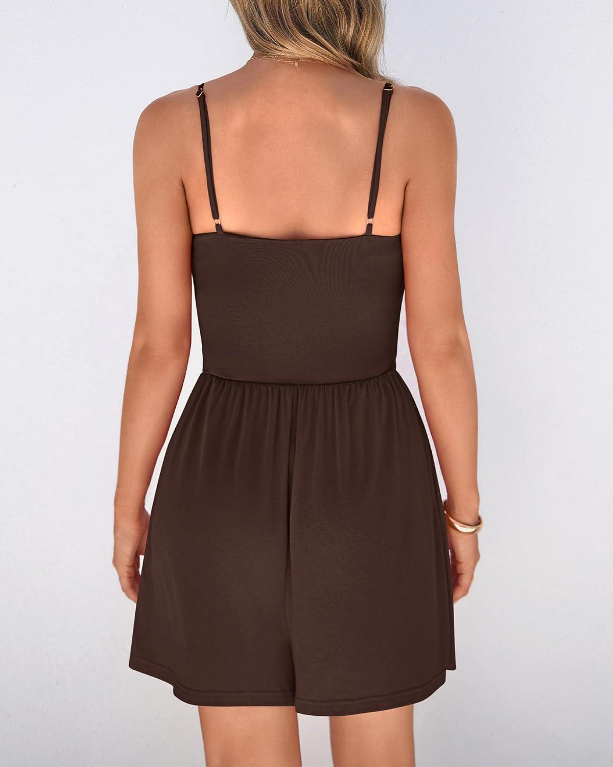 imageBTFBM Summer Rompers For Women 2026 Casual One Piece Spaghetti Strap Sleeveless Shorts Jumpsuit Beach Vacation OutfitsBrown