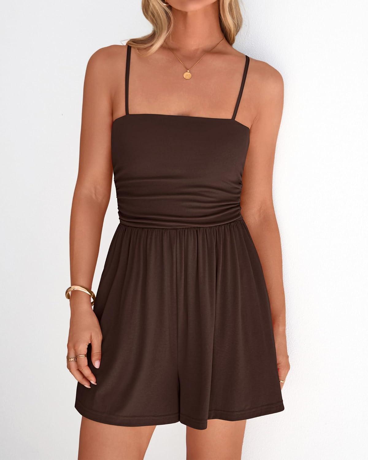 imageBTFBM Summer Rompers For Women 2026 Casual One Piece Spaghetti Strap Sleeveless Shorts Jumpsuit Beach Vacation OutfitsBrown