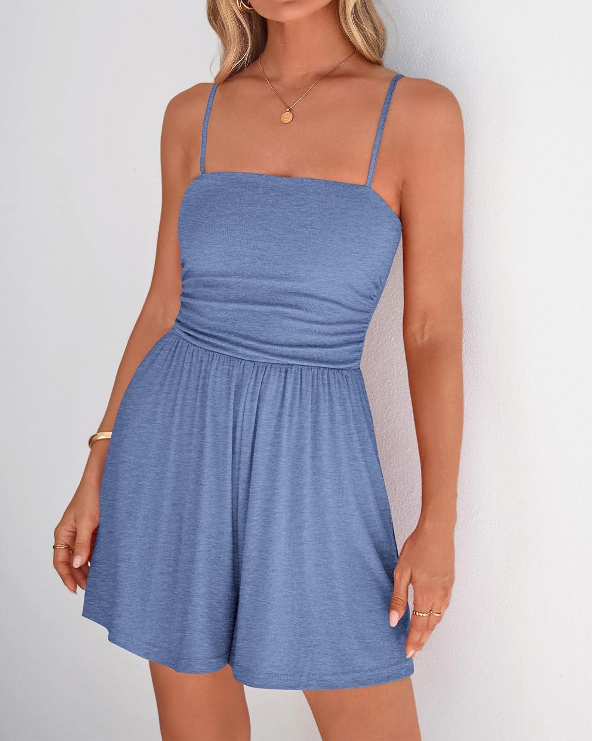 imageBTFBM Summer Rompers For Women 2026 Casual One Piece Spaghetti Strap Sleeveless Shorts Jumpsuit Beach Vacation OutfitsDark Blue