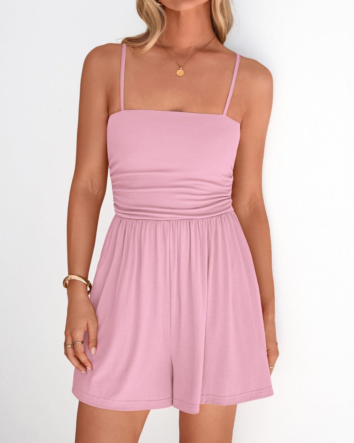 imageBTFBM Summer Rompers For Women 2026 Casual One Piece Spaghetti Strap Sleeveless Shorts Jumpsuit Beach Vacation OutfitsPink