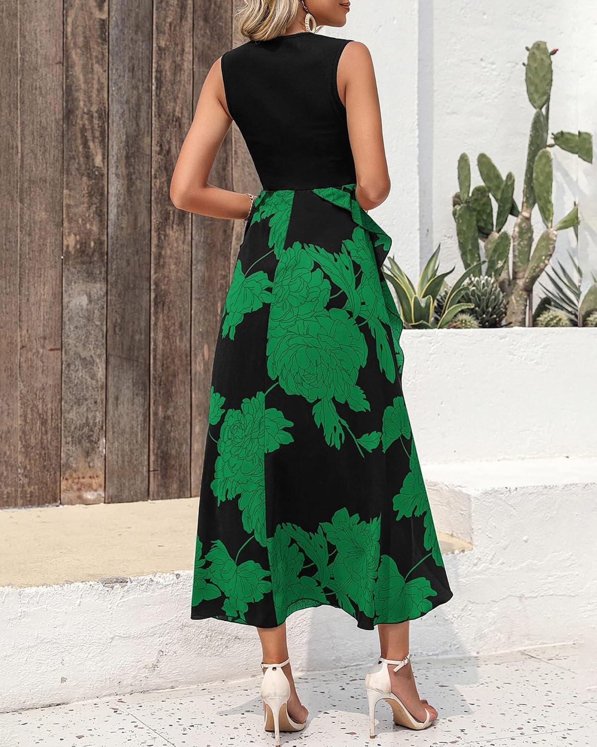 imageBTFBM Women Casual Sleeveless Summer Dresses 2026 Spring Crewneck Patchwork Boho Floral Ruffle Cocktail Party Midi DressBig Floral Green