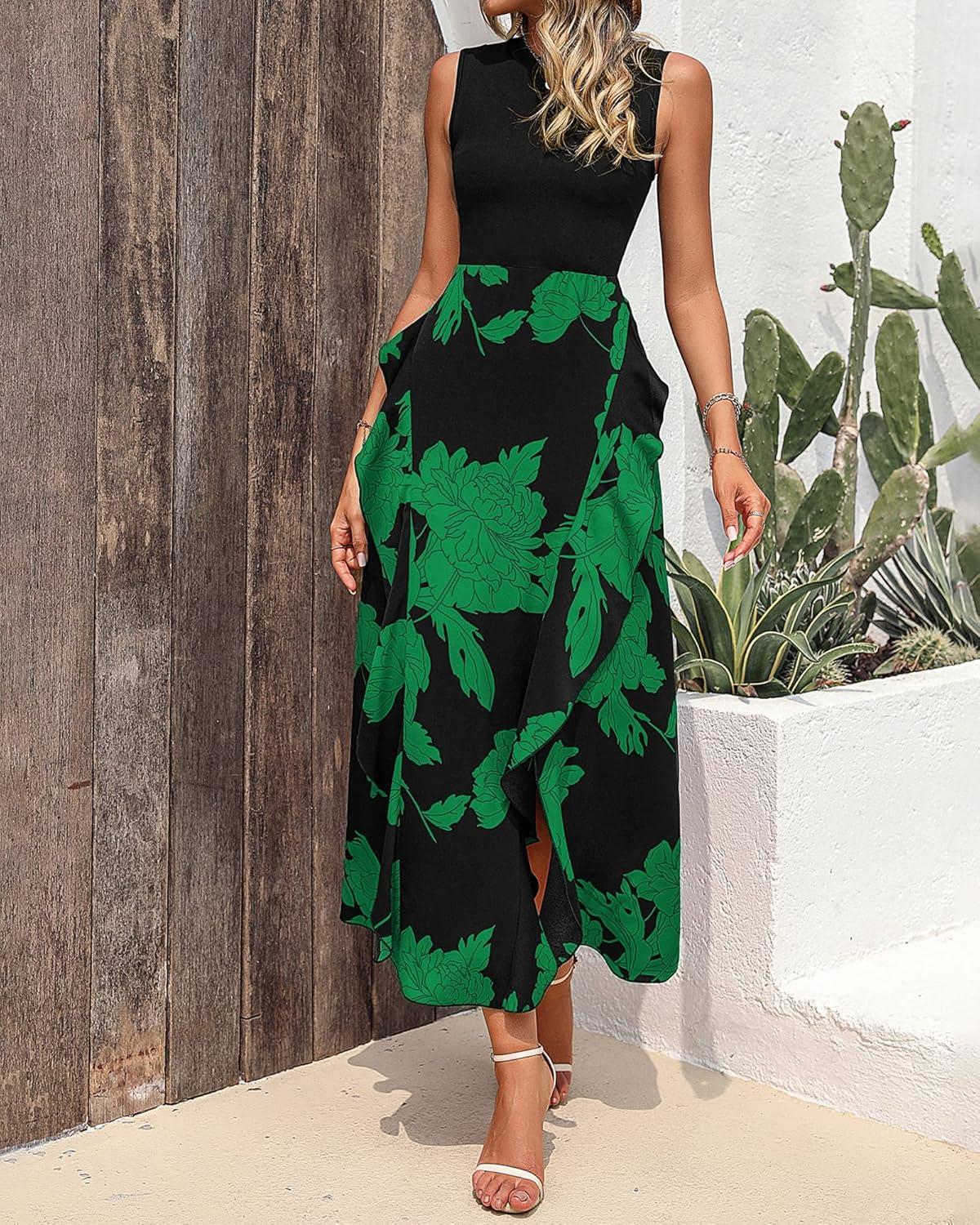 imageBTFBM Women Casual Sleeveless Summer Dresses 2026 Spring Crewneck Patchwork Boho Floral Ruffle Cocktail Party Midi DressBig Floral Green