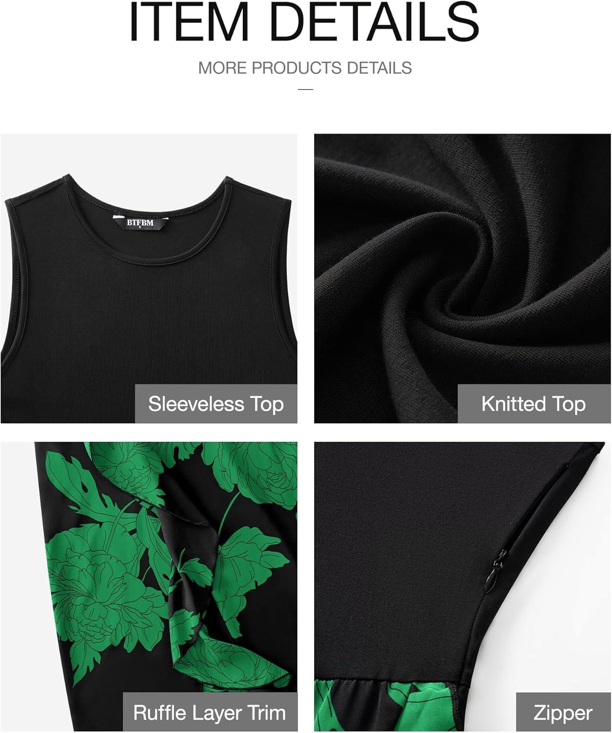 imageBTFBM Women Casual Sleeveless Summer Dresses 2026 Spring Crewneck Patchwork Boho Floral Ruffle Cocktail Party Midi DressBig Floral Green