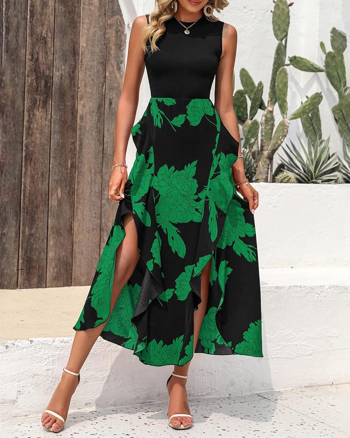 imageBTFBM Women Casual Sleeveless Summer Dresses 2026 Spring Crewneck Patchwork Boho Floral Ruffle Cocktail Party Midi DressBig Floral Green