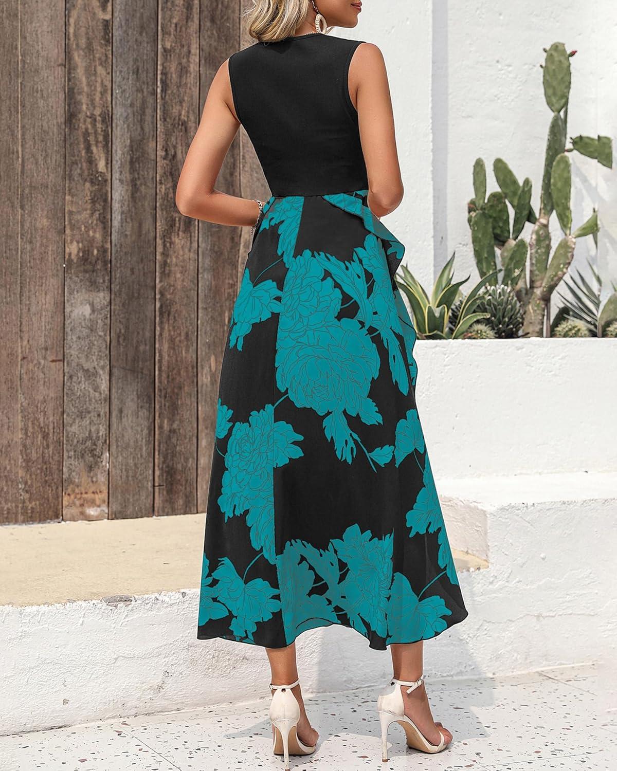 imageBTFBM Women Casual Sleeveless Summer Dresses 2026 Spring Crewneck Patchwork Boho Floral Ruffle Cocktail Party Midi DressBig Floral Lake Blue
