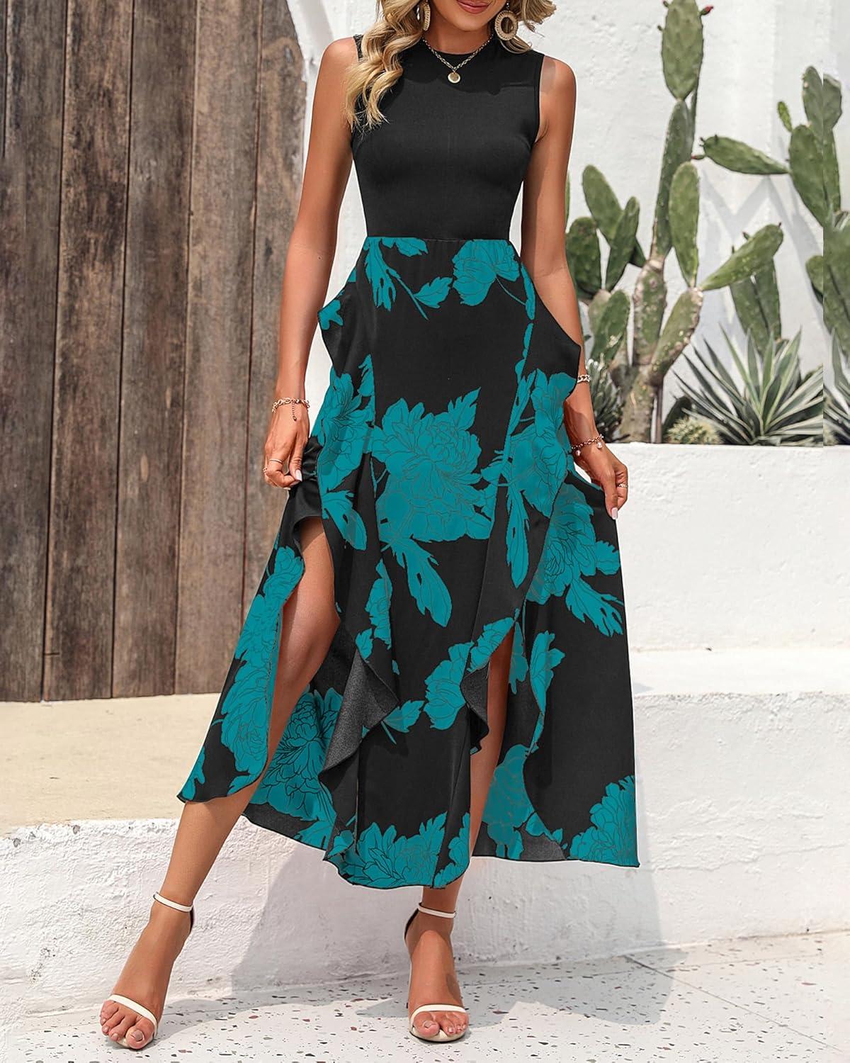 imageBTFBM Women Casual Sleeveless Summer Dresses 2026 Spring Crewneck Patchwork Boho Floral Ruffle Cocktail Party Midi DressBig Floral Lake Blue