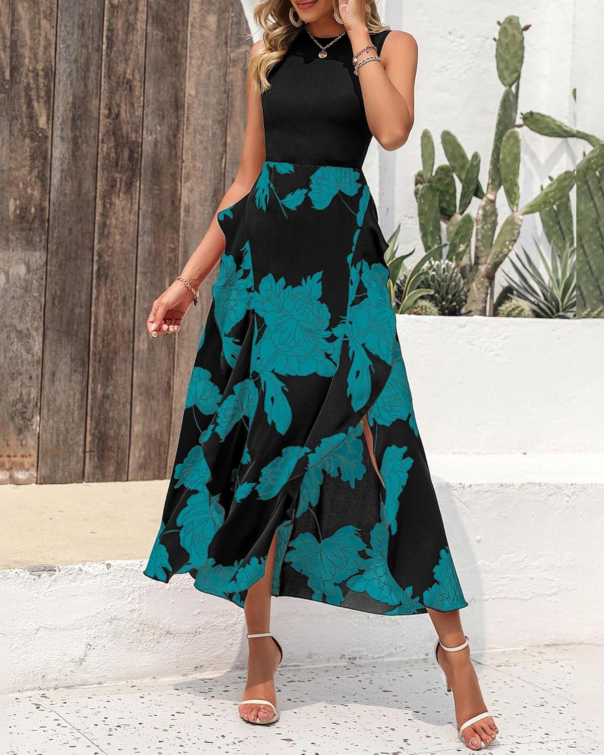 imageBTFBM Women Casual Sleeveless Summer Dresses 2026 Spring Crewneck Patchwork Boho Floral Ruffle Cocktail Party Midi DressBig Floral Lake Blue