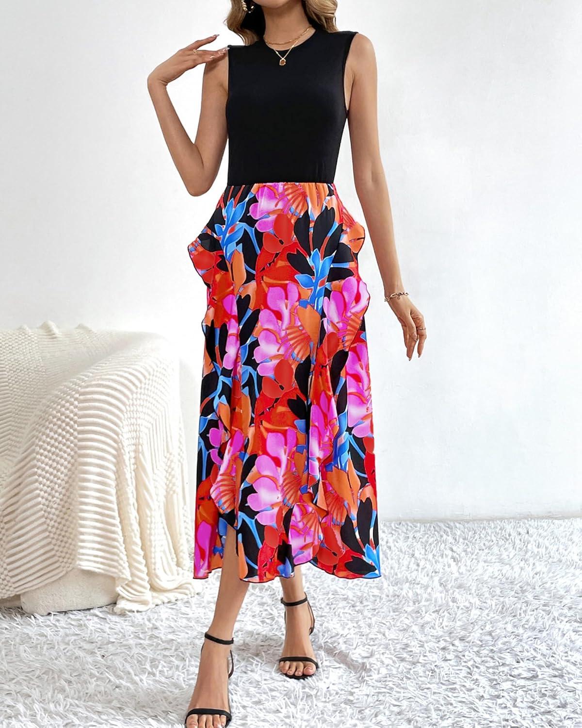 imageBTFBM Women Casual Sleeveless Summer Dresses 2026 Spring Crewneck Patchwork Boho Floral Ruffle Cocktail Party Midi DressBig Floral Multicolor