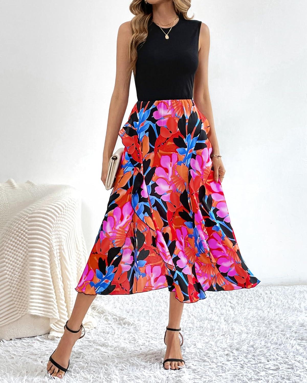 imageBTFBM Women Casual Sleeveless Summer Dresses 2026 Spring Crewneck Patchwork Boho Floral Ruffle Cocktail Party Midi DressBig Floral Multicolor