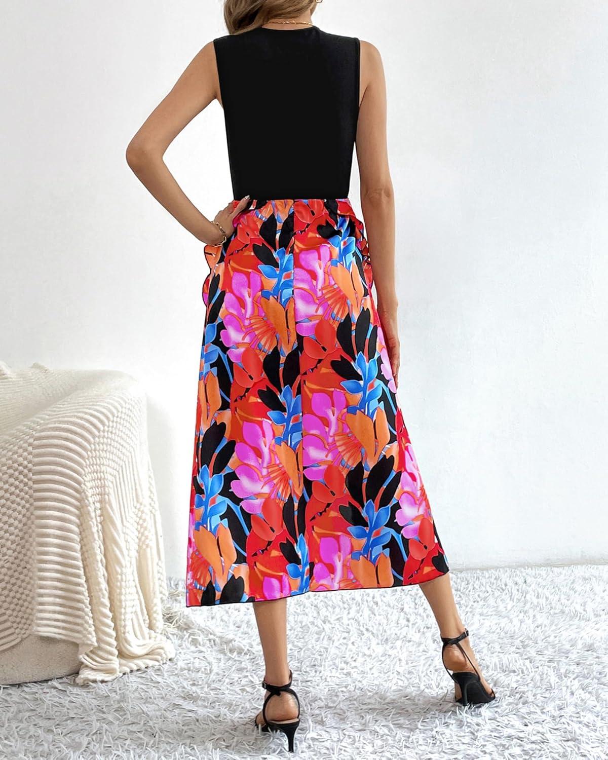 imageBTFBM Women Casual Sleeveless Summer Dresses 2026 Spring Crewneck Patchwork Boho Floral Ruffle Cocktail Party Midi DressBig Floral Multicolor