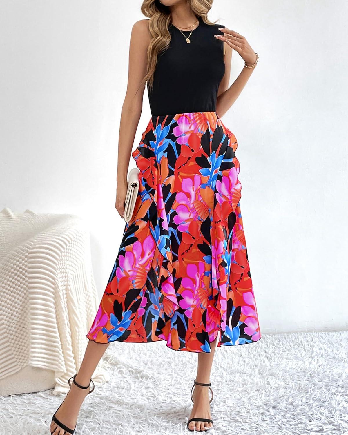 imageBTFBM Women Casual Sleeveless Summer Dresses 2026 Spring Crewneck Patchwork Boho Floral Ruffle Cocktail Party Midi DressBig Floral Multicolor