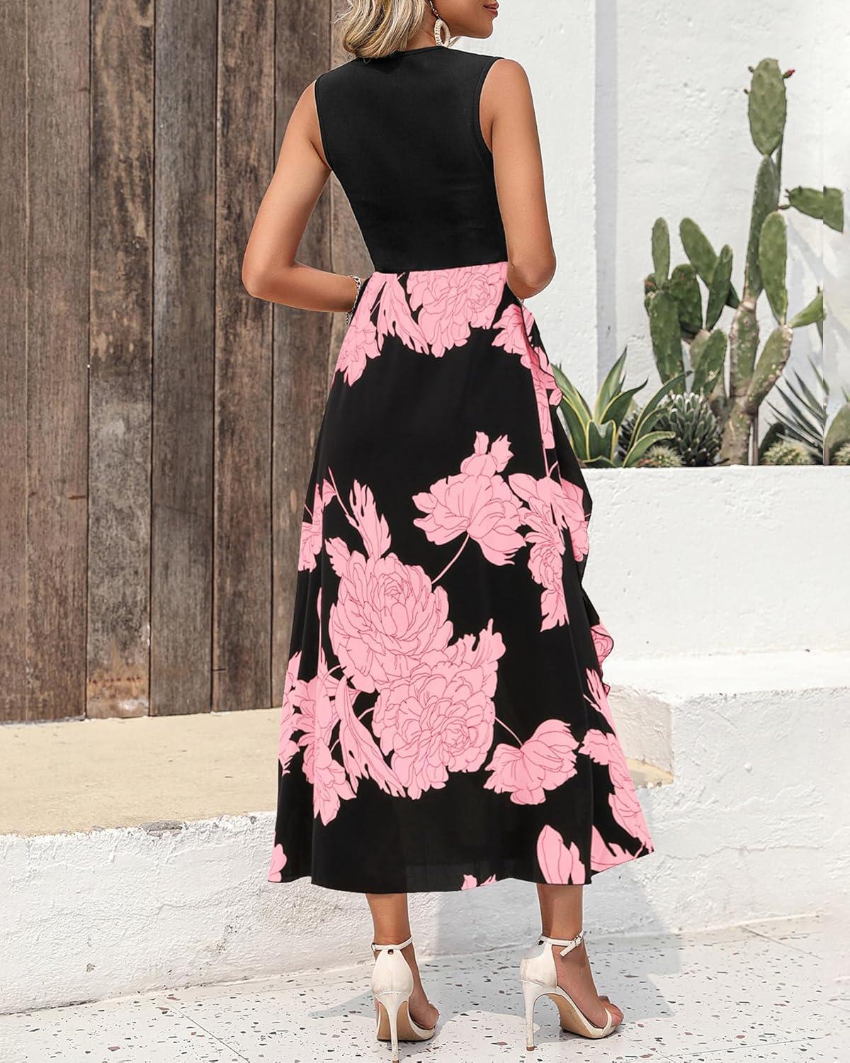 imageBTFBM Women Casual Sleeveless Summer Dresses 2026 Spring Crewneck Patchwork Boho Floral Ruffle Cocktail Party Midi DressBig Floral Pink