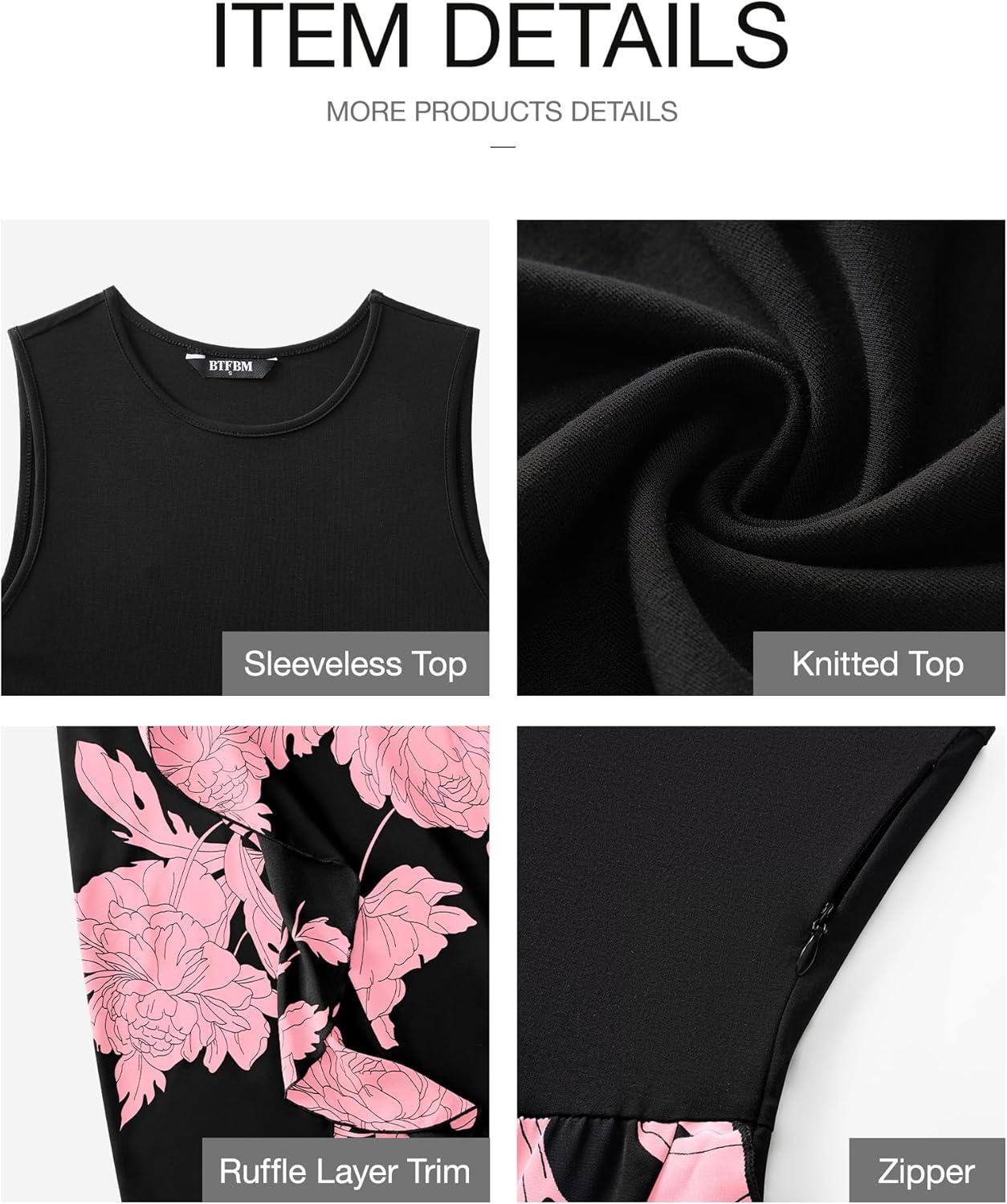 imageBTFBM Women Casual Sleeveless Summer Dresses 2026 Spring Crewneck Patchwork Boho Floral Ruffle Cocktail Party Midi DressBig Floral Pink