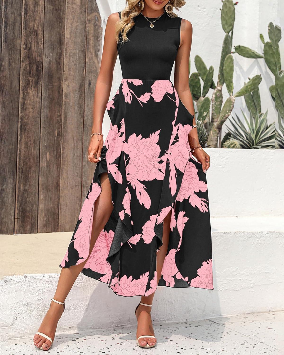 imageBTFBM Women Casual Sleeveless Summer Dresses 2026 Spring Crewneck Patchwork Boho Floral Ruffle Cocktail Party Midi DressBig Floral Pink