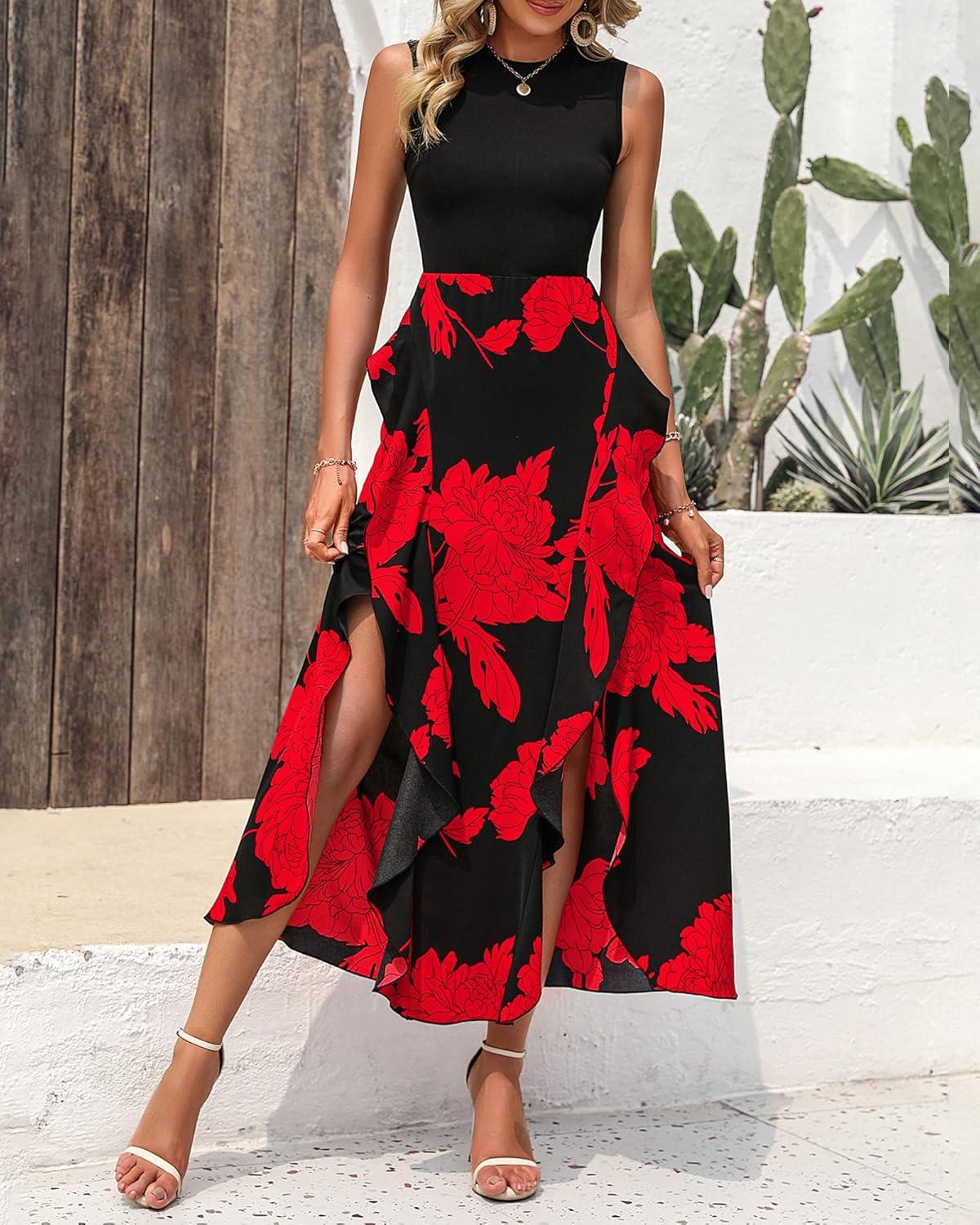 imageBTFBM Women Casual Sleeveless Summer Dresses 2026 Spring Crewneck Patchwork Boho Floral Ruffle Cocktail Party Midi DressBig Floral Red