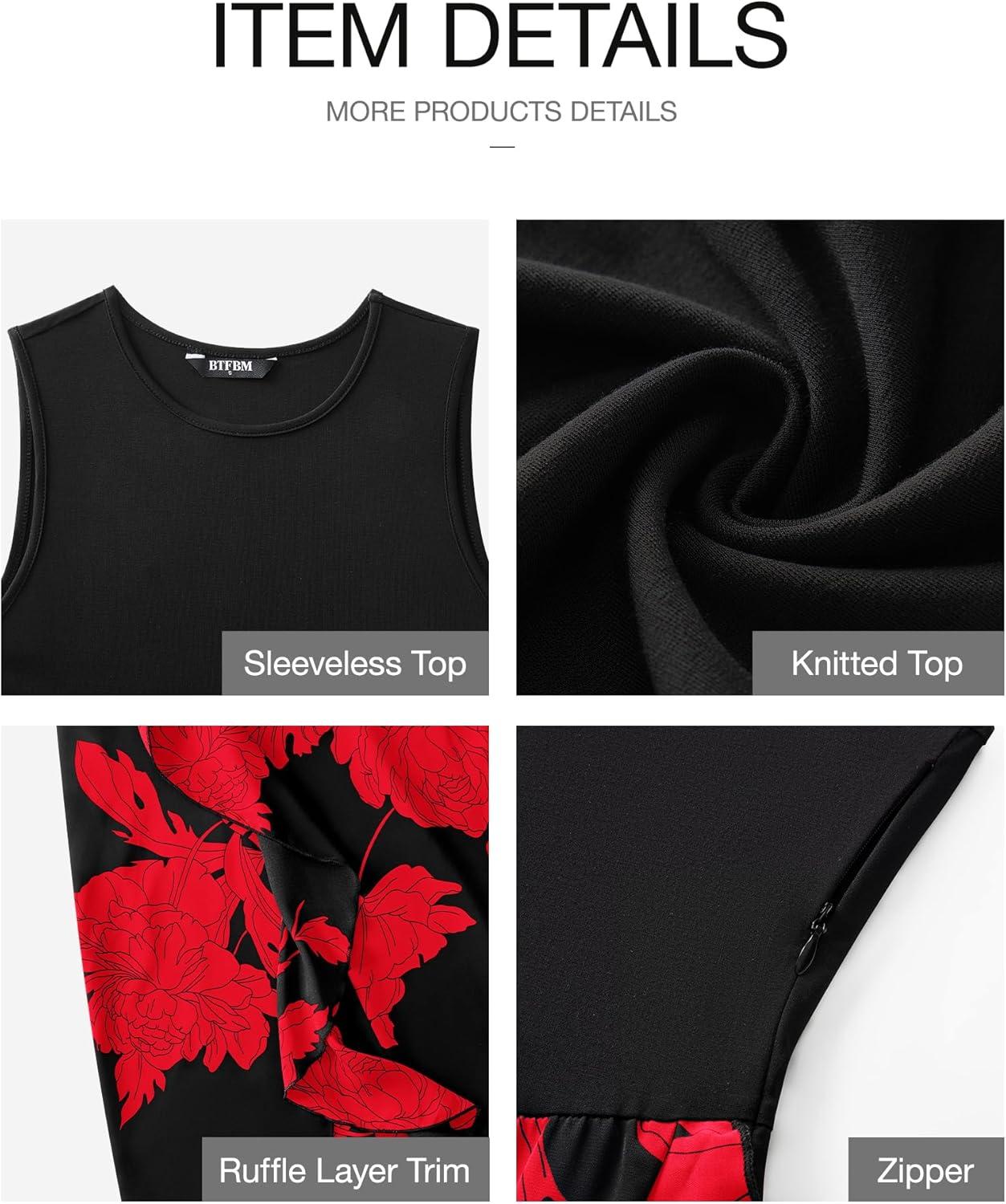 imageBTFBM Women Casual Sleeveless Summer Dresses 2026 Spring Crewneck Patchwork Boho Floral Ruffle Cocktail Party Midi DressBig Floral Red