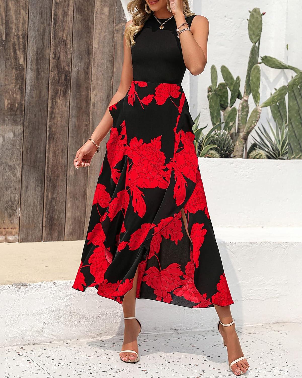 imageBTFBM Women Casual Sleeveless Summer Dresses 2026 Spring Crewneck Patchwork Boho Floral Ruffle Cocktail Party Midi DressBig Floral Red