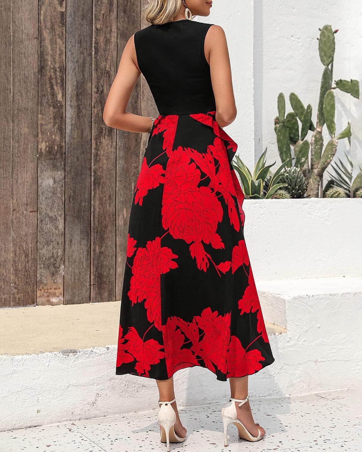 imageBTFBM Women Casual Sleeveless Summer Dresses 2026 Spring Crewneck Patchwork Boho Floral Ruffle Cocktail Party Midi DressBig Floral Red