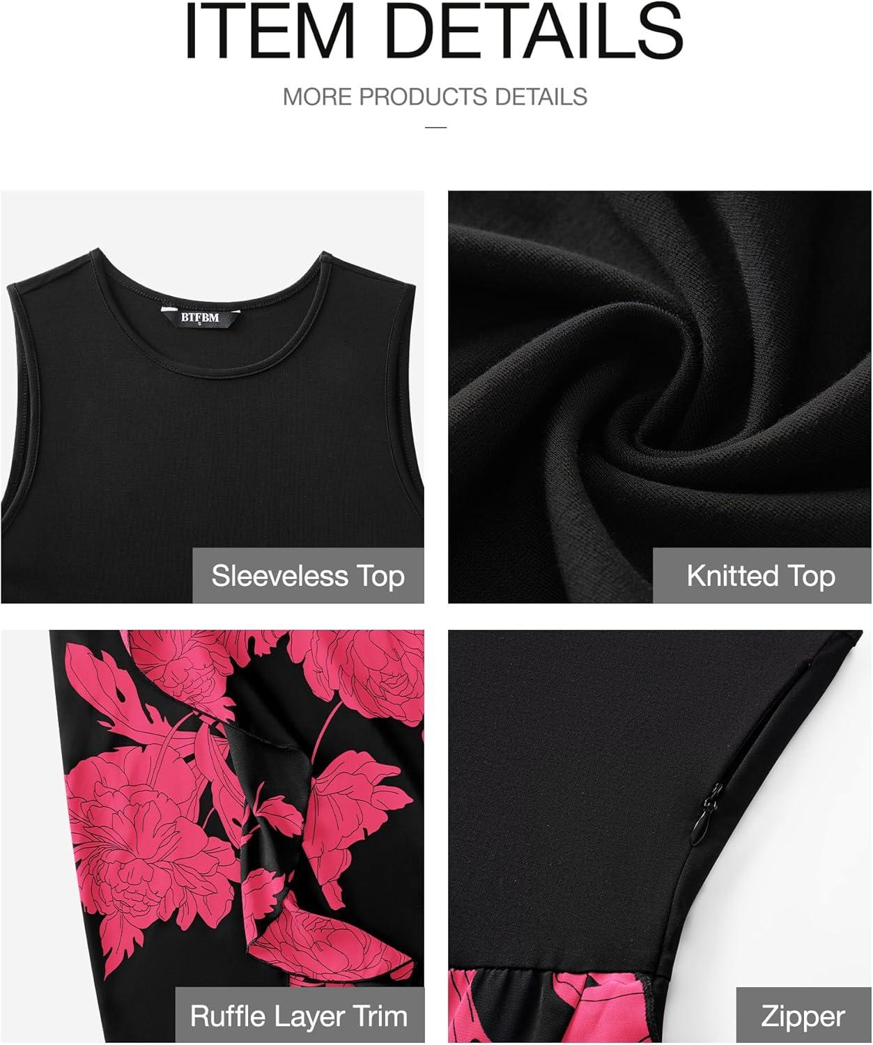 imageBTFBM Women Casual Sleeveless Summer Dresses 2026 Spring Crewneck Patchwork Boho Floral Ruffle Cocktail Party Midi DressBig Floral Rose Red