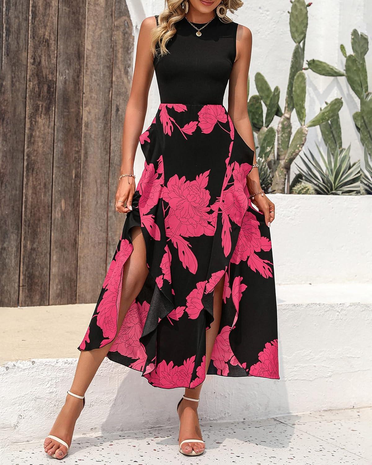 imageBTFBM Women Casual Sleeveless Summer Dresses 2026 Spring Crewneck Patchwork Boho Floral Ruffle Cocktail Party Midi DressBig Floral Rose Red