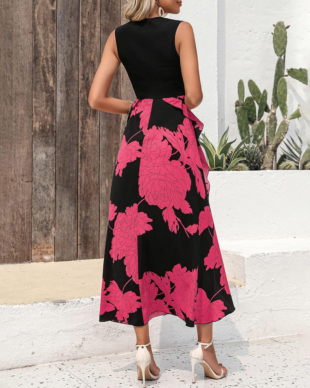imageBTFBM Women Casual Sleeveless Summer Dresses 2026 Spring Crewneck Patchwork Boho Floral Ruffle Cocktail Party Midi DressBig Floral Rose Red