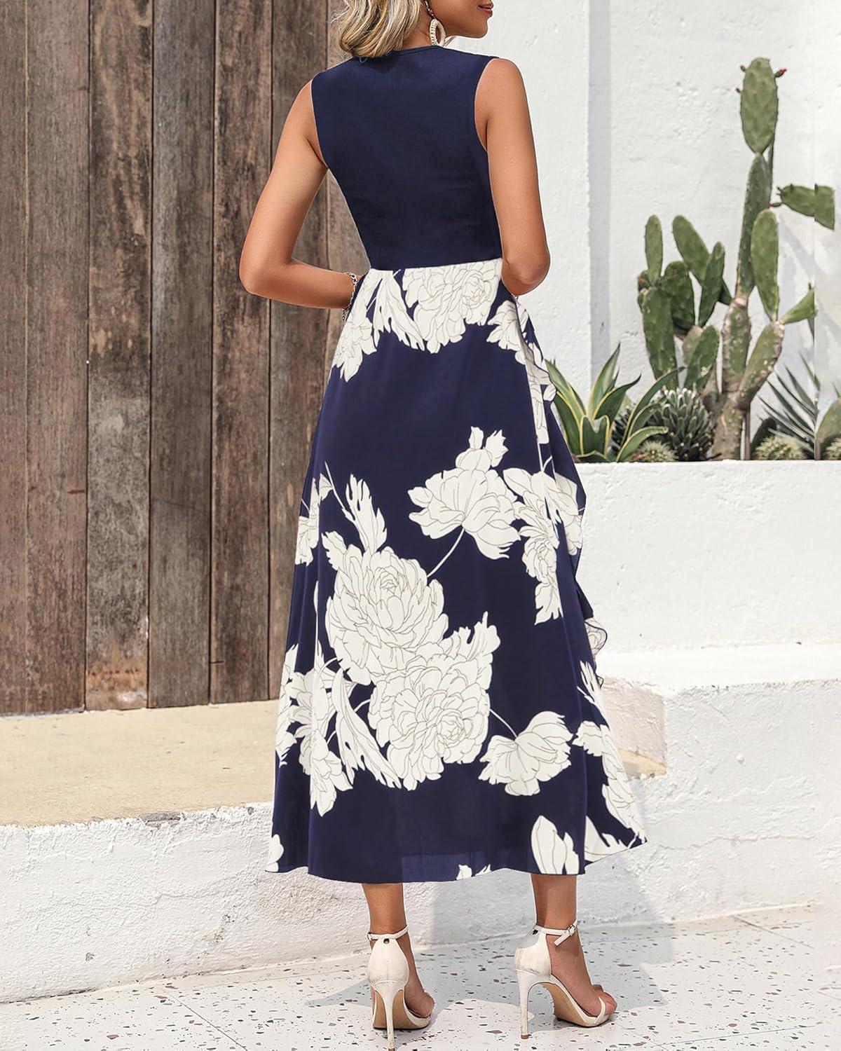 imageBTFBM Women Casual Sleeveless Summer Dresses 2026 Spring Crewneck Patchwork Boho Floral Ruffle Cocktail Party Midi DressBig Floral White Navy
