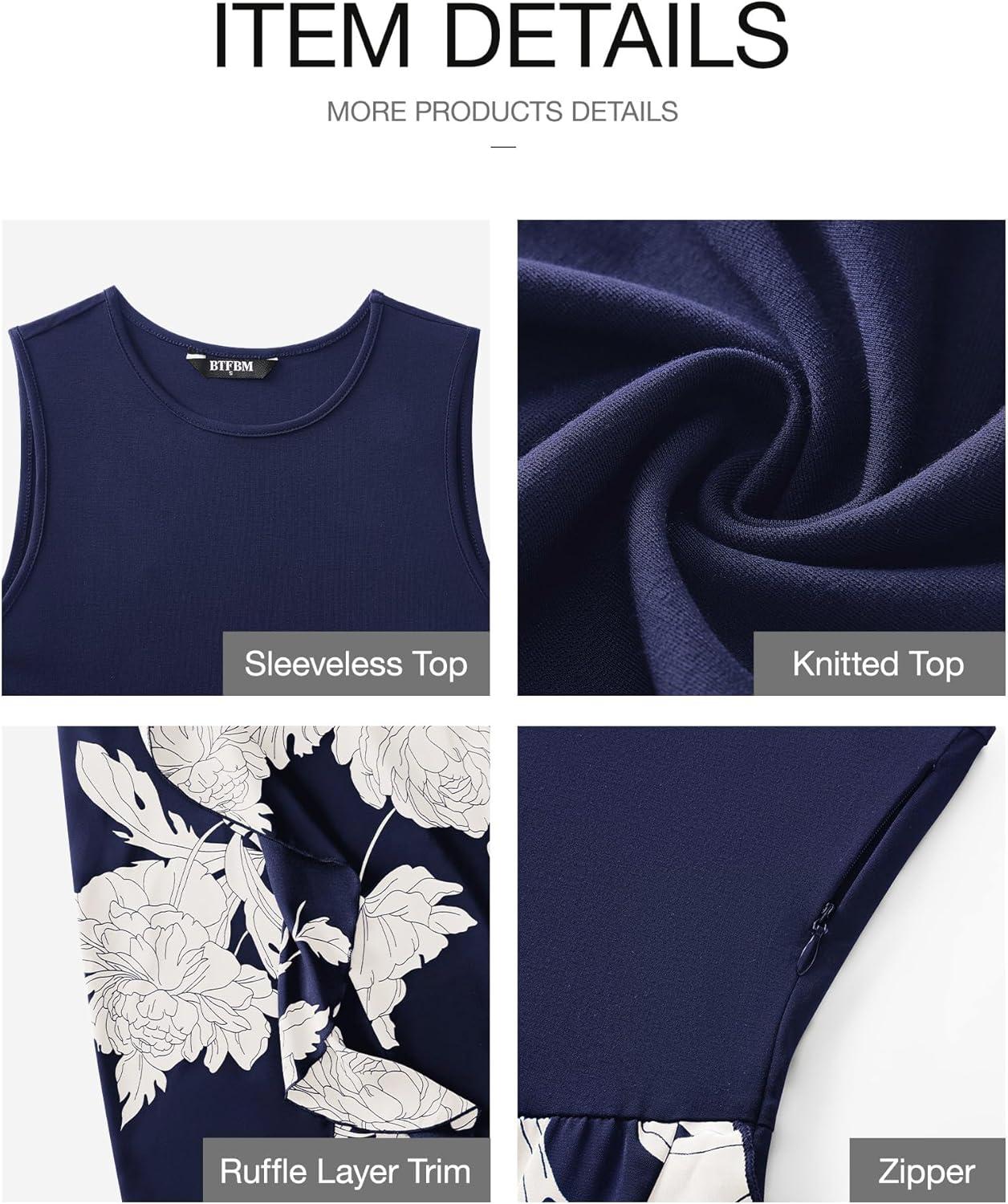 imageBTFBM Women Casual Sleeveless Summer Dresses 2026 Spring Crewneck Patchwork Boho Floral Ruffle Cocktail Party Midi DressBig Floral White Navy