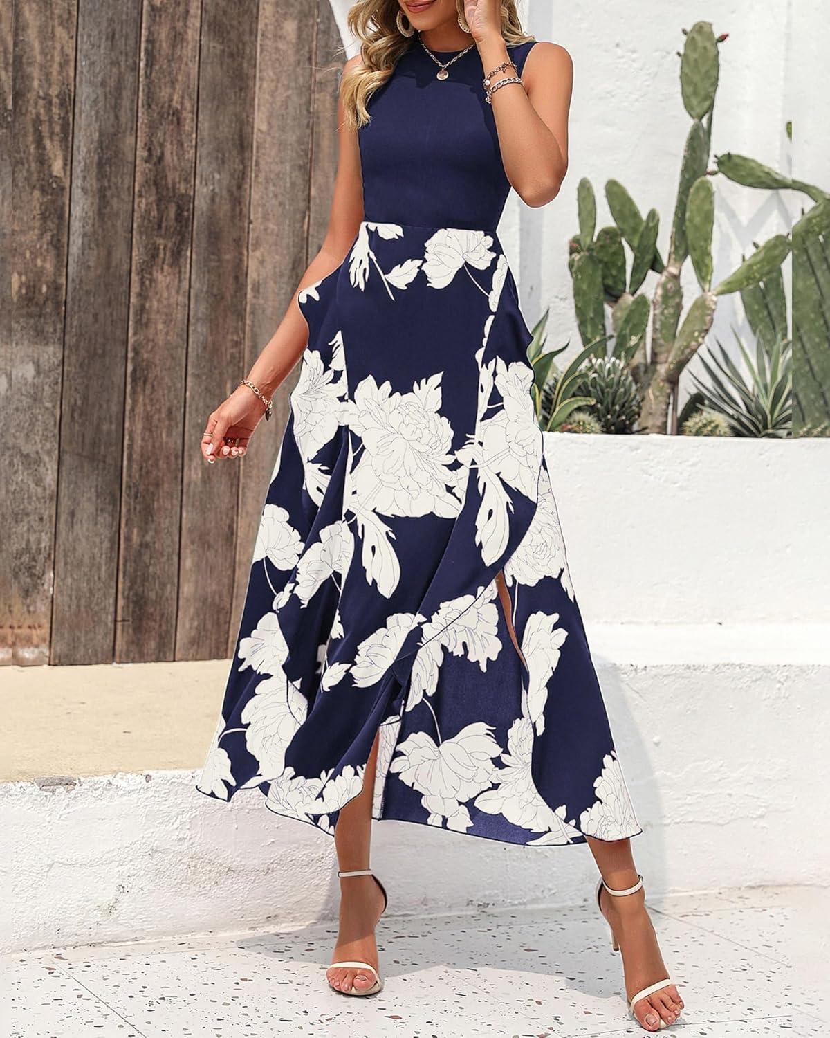 imageBTFBM Women Casual Sleeveless Summer Dresses 2026 Spring Crewneck Patchwork Boho Floral Ruffle Cocktail Party Midi DressBig Floral White Navy