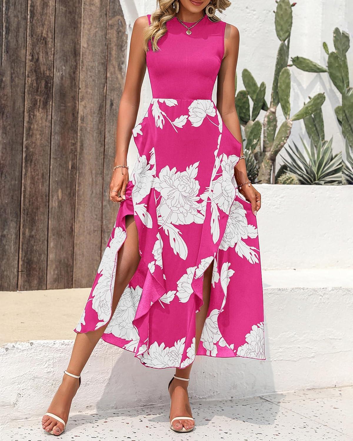 imageBTFBM Women Casual Sleeveless Summer Dresses 2026 Spring Crewneck Patchwork Boho Floral Ruffle Cocktail Party Midi DressBig Floral White Rose Red