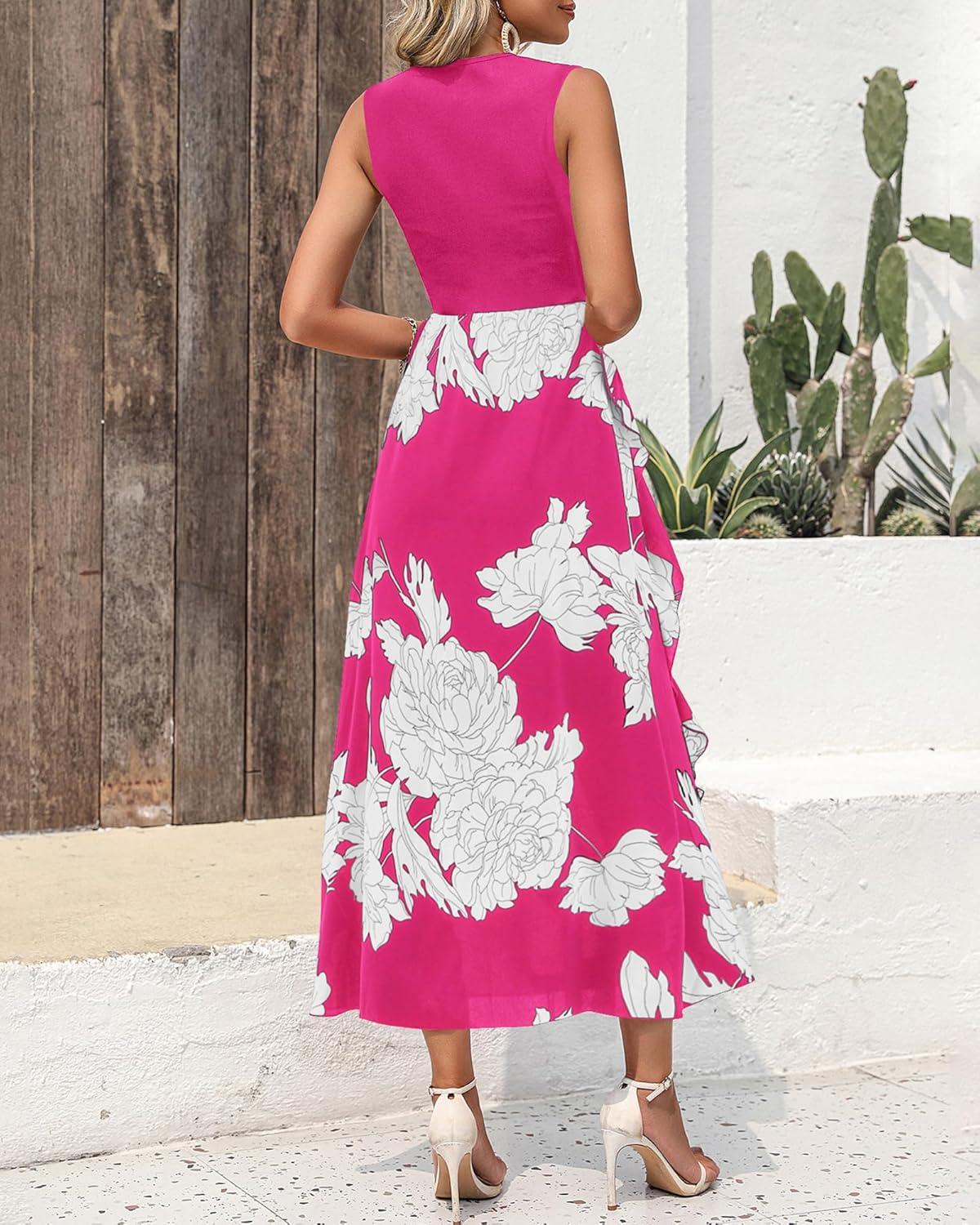 imageBTFBM Women Casual Sleeveless Summer Dresses 2026 Spring Crewneck Patchwork Boho Floral Ruffle Cocktail Party Midi DressBig Floral White Rose Red