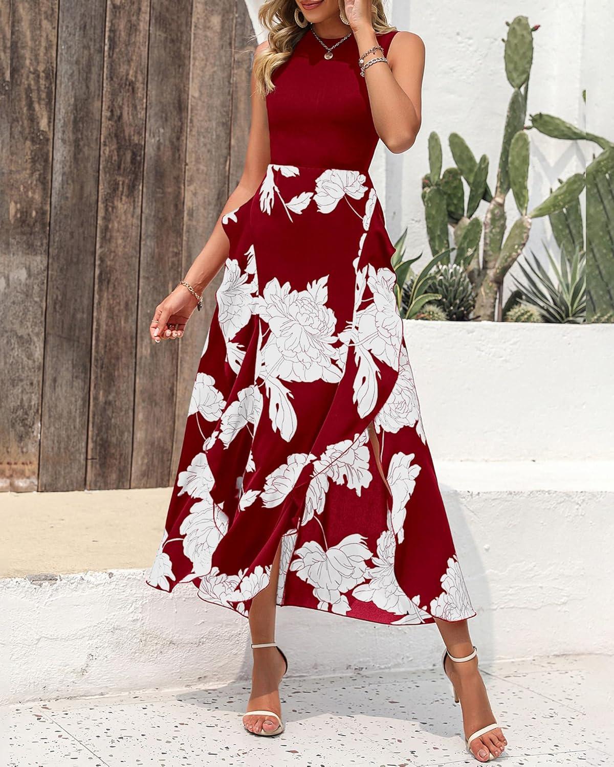imageBTFBM Women Casual Sleeveless Summer Dresses 2026 Spring Crewneck Patchwork Boho Floral Ruffle Cocktail Party Midi DressBig Floral White Wine Red