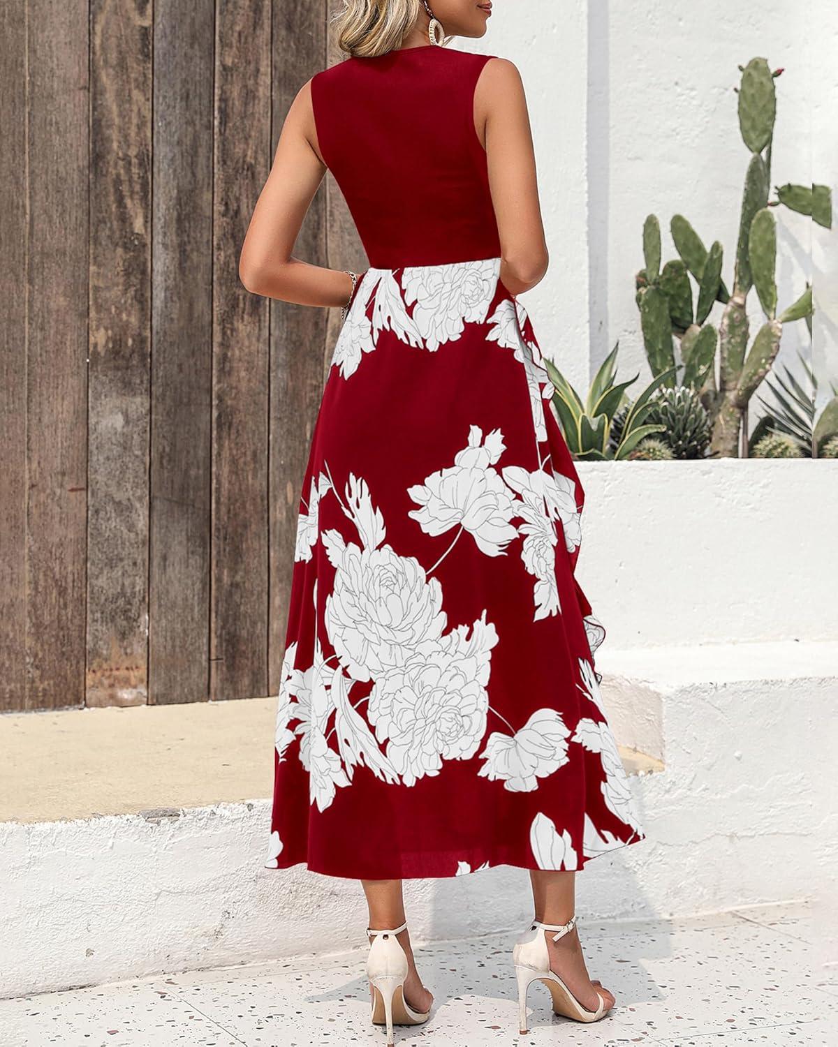 imageBTFBM Women Casual Sleeveless Summer Dresses 2026 Spring Crewneck Patchwork Boho Floral Ruffle Cocktail Party Midi DressBig Floral White Wine Red