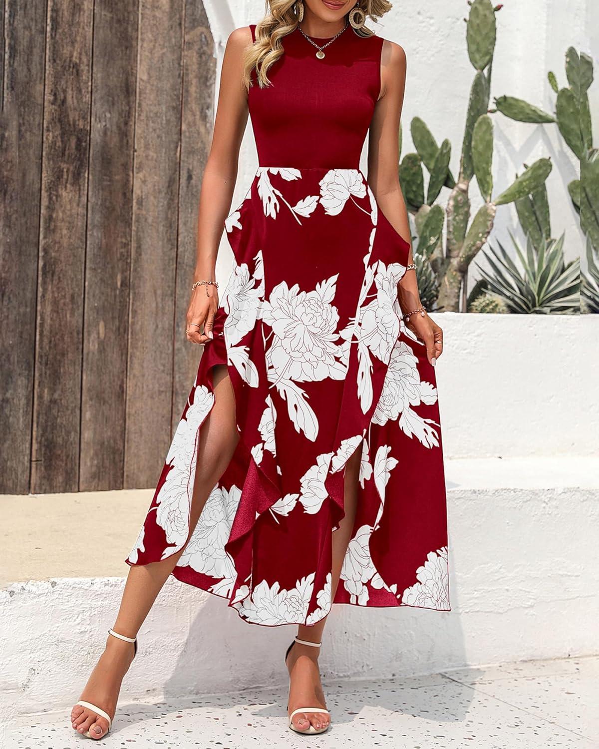 imageBTFBM Women Casual Sleeveless Summer Dresses 2026 Spring Crewneck Patchwork Boho Floral Ruffle Cocktail Party Midi DressBig Floral White Wine Red