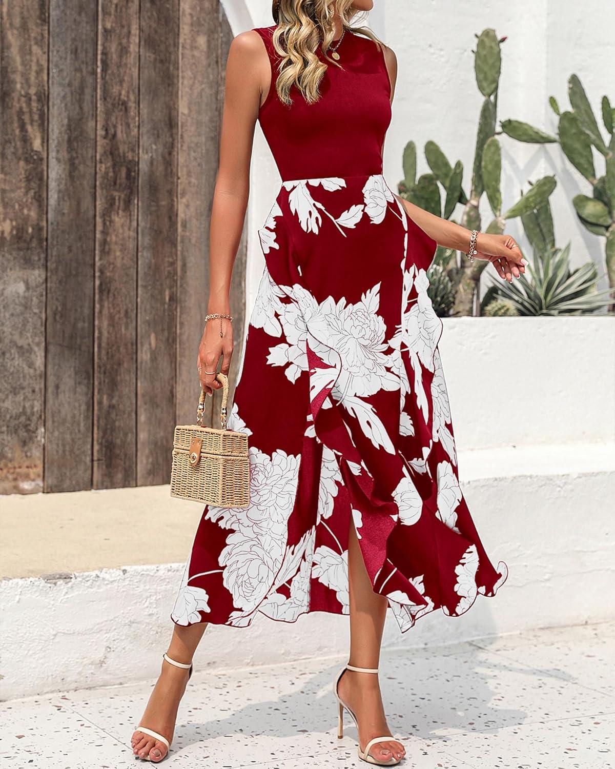imageBTFBM Women Casual Sleeveless Summer Dresses 2026 Spring Crewneck Patchwork Boho Floral Ruffle Cocktail Party Midi DressBig Floral White Wine Red