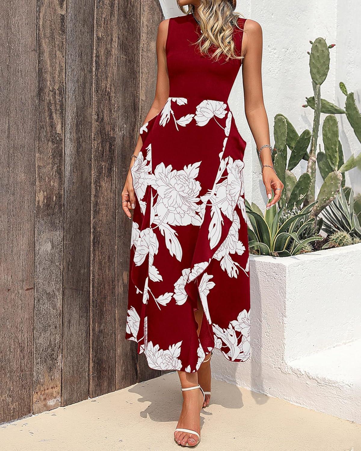 imageBTFBM Women Casual Sleeveless Summer Dresses 2026 Spring Crewneck Patchwork Boho Floral Ruffle Cocktail Party Midi DressBig Floral White Wine Red