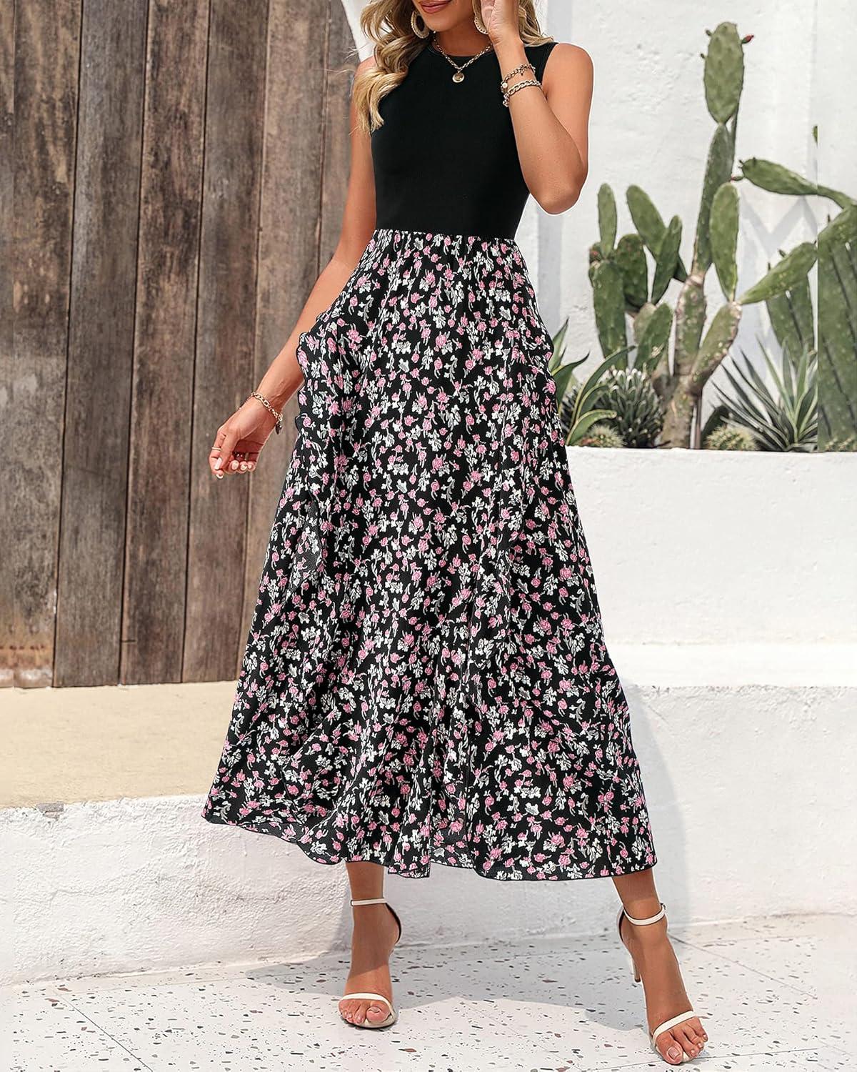 imageBTFBM Women Casual Sleeveless Summer Dresses 2026 Spring Crewneck Patchwork Boho Floral Ruffle Cocktail Party Midi DressFloral Black Pink