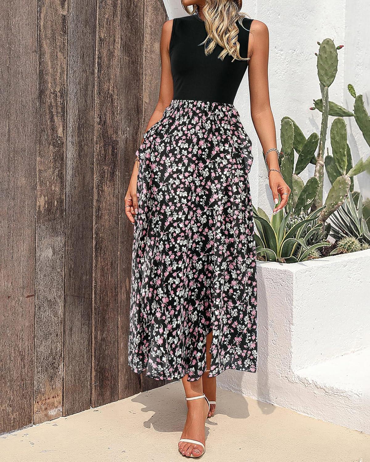 imageBTFBM Women Casual Sleeveless Summer Dresses 2026 Spring Crewneck Patchwork Boho Floral Ruffle Cocktail Party Midi DressFloral Black Pink