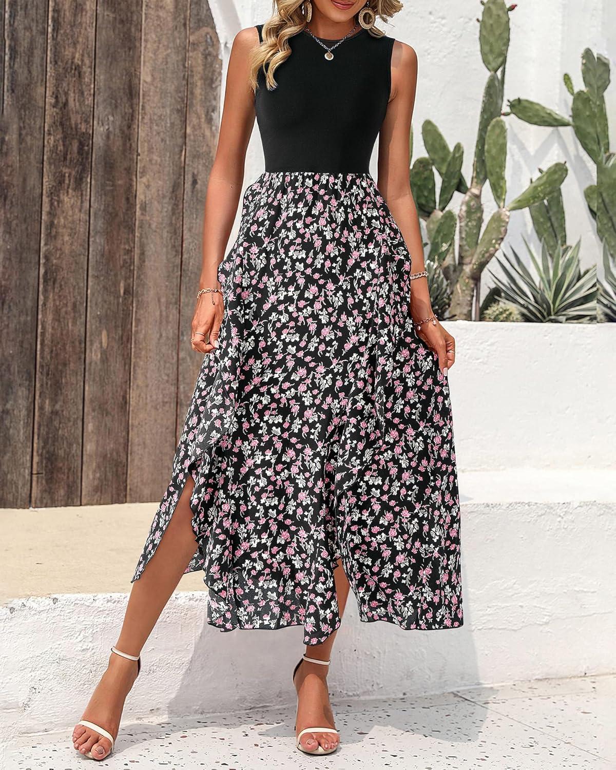 imageBTFBM Women Casual Sleeveless Summer Dresses 2026 Spring Crewneck Patchwork Boho Floral Ruffle Cocktail Party Midi DressFloral Black Pink