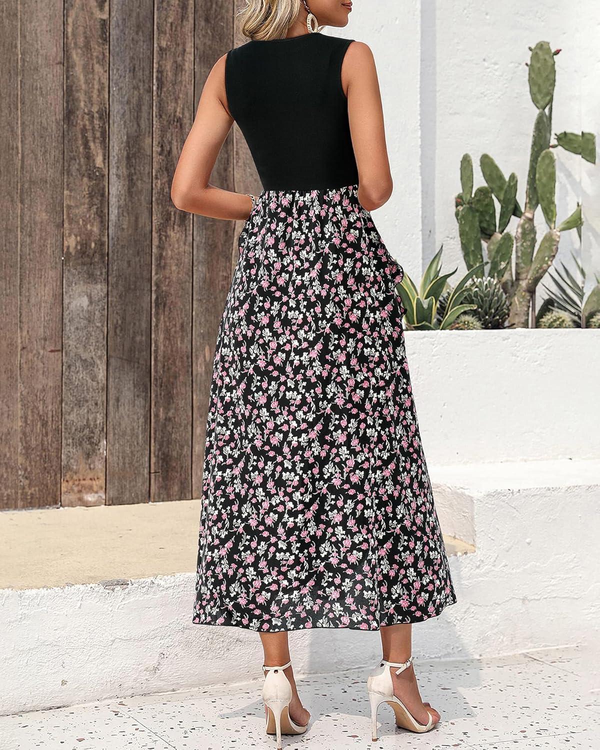 imageBTFBM Women Casual Sleeveless Summer Dresses 2026 Spring Crewneck Patchwork Boho Floral Ruffle Cocktail Party Midi DressFloral Black Pink
