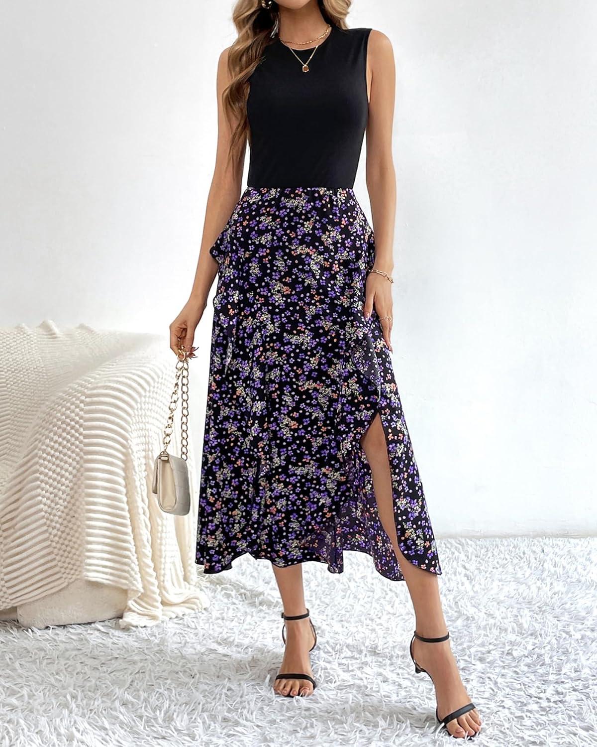 imageBTFBM Women Casual Sleeveless Summer Dresses 2026 Spring Crewneck Patchwork Boho Floral Ruffle Cocktail Party Midi DressFloral Purple