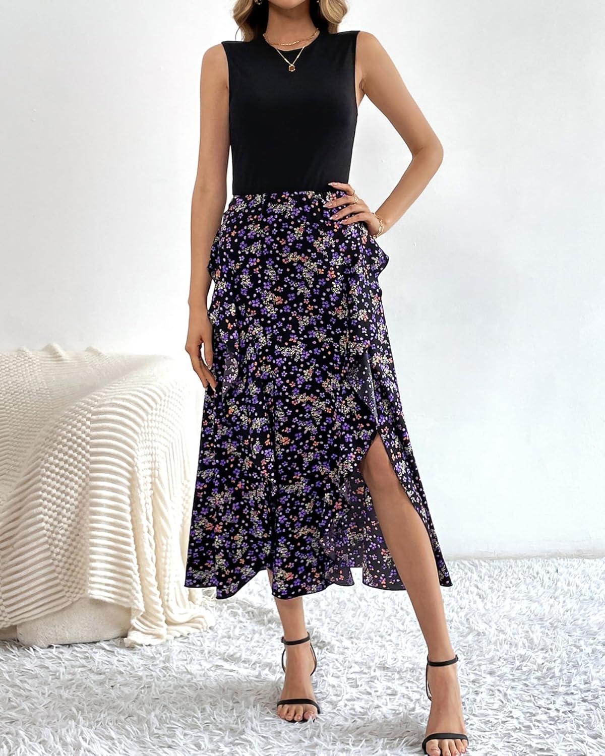 imageBTFBM Women Casual Sleeveless Summer Dresses 2026 Spring Crewneck Patchwork Boho Floral Ruffle Cocktail Party Midi DressFloral Purple