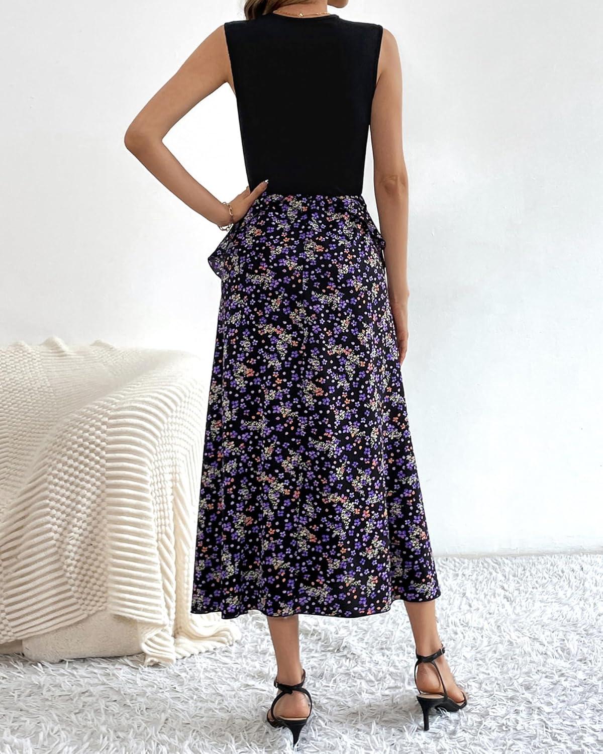 imageBTFBM Women Casual Sleeveless Summer Dresses 2026 Spring Crewneck Patchwork Boho Floral Ruffle Cocktail Party Midi DressFloral Purple