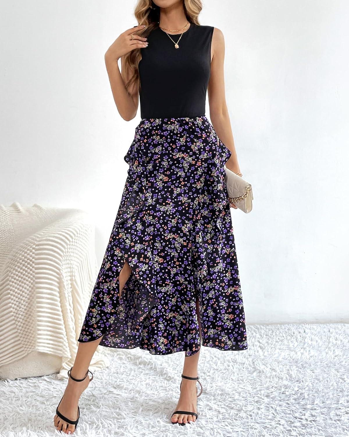 imageBTFBM Women Casual Sleeveless Summer Dresses 2026 Spring Crewneck Patchwork Boho Floral Ruffle Cocktail Party Midi DressFloral Purple