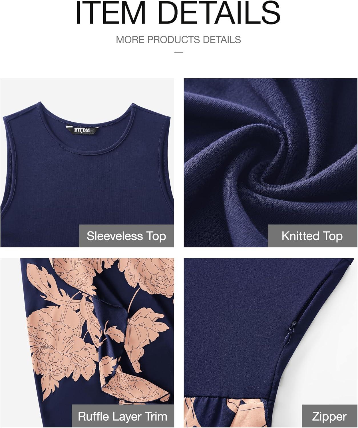 imageBTFBM Women Casual Sleeveless Summer Dresses 2026 Spring Crewneck Patchwork Boho Floral Ruffle Cocktail Party Midi DressPink Floral Navy