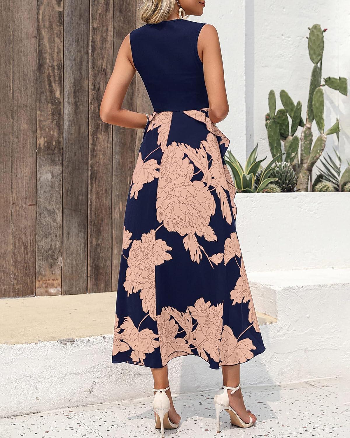 imageBTFBM Women Casual Sleeveless Summer Dresses 2026 Spring Crewneck Patchwork Boho Floral Ruffle Cocktail Party Midi DressPink Floral Navy