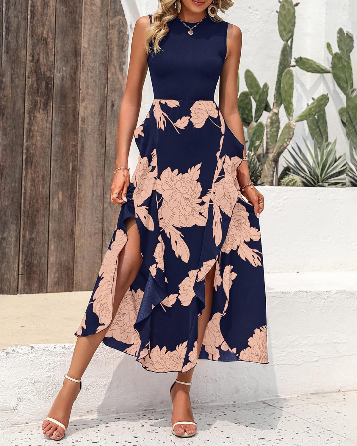imageBTFBM Women Casual Sleeveless Summer Dresses 2026 Spring Crewneck Patchwork Boho Floral Ruffle Cocktail Party Midi DressPink Floral Navy