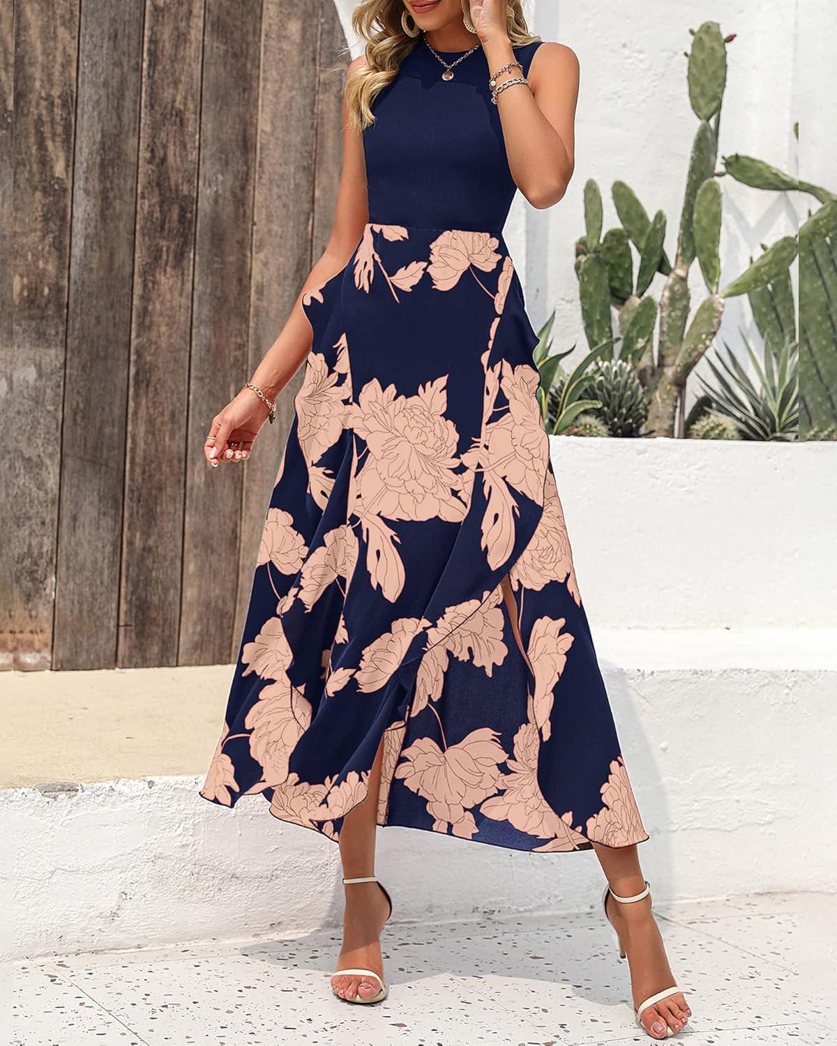 imageBTFBM Women Casual Sleeveless Summer Dresses 2026 Spring Crewneck Patchwork Boho Floral Ruffle Cocktail Party Midi DressPink Floral Navy
