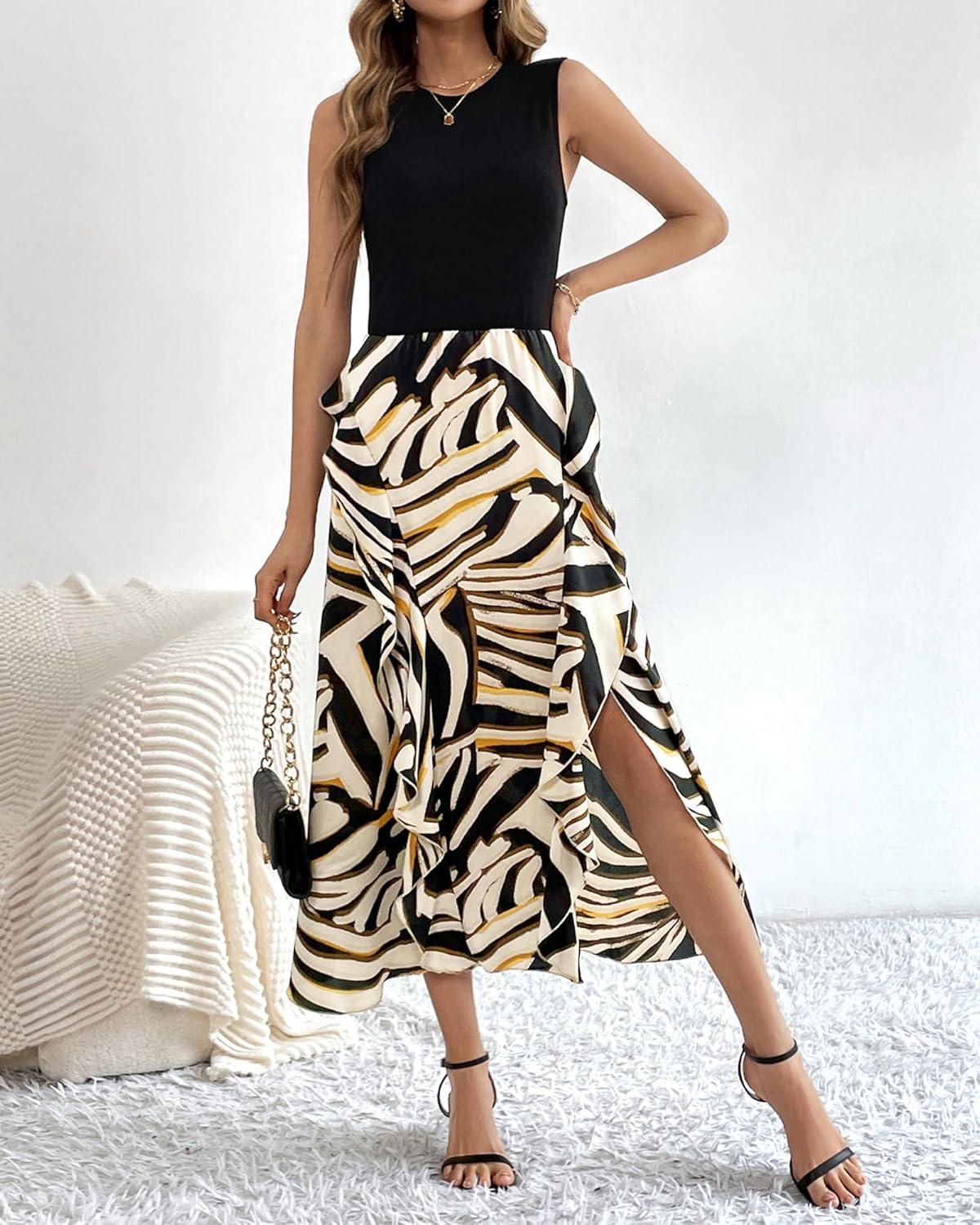 imageBTFBM Women Casual Sleeveless Summer Dresses 2026 Spring Crewneck Patchwork Boho Floral Ruffle Cocktail Party Midi DressStriped